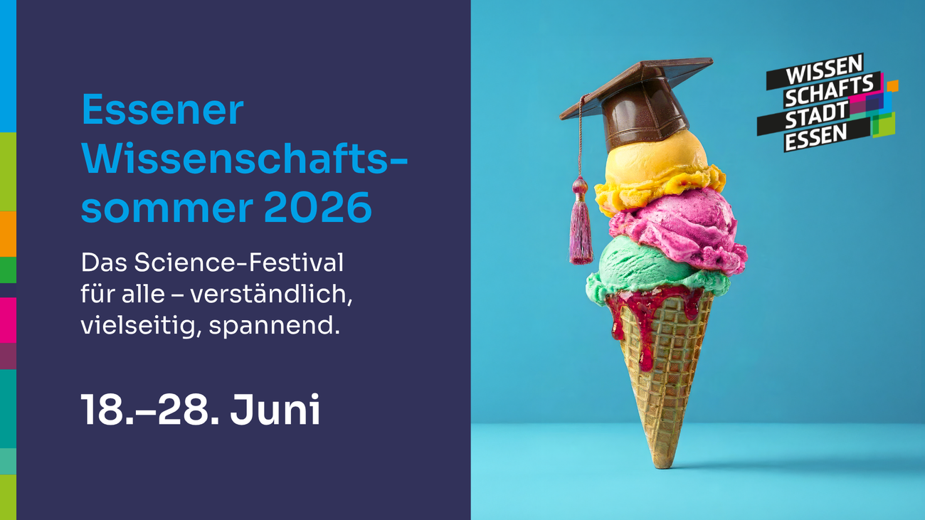 key visual of Wissenschaftssommer; image on the right: ice cream cone topped with a graduation hat; left side: text "Das Science-Festival für alle – verständlich, vielseitig, spannend."