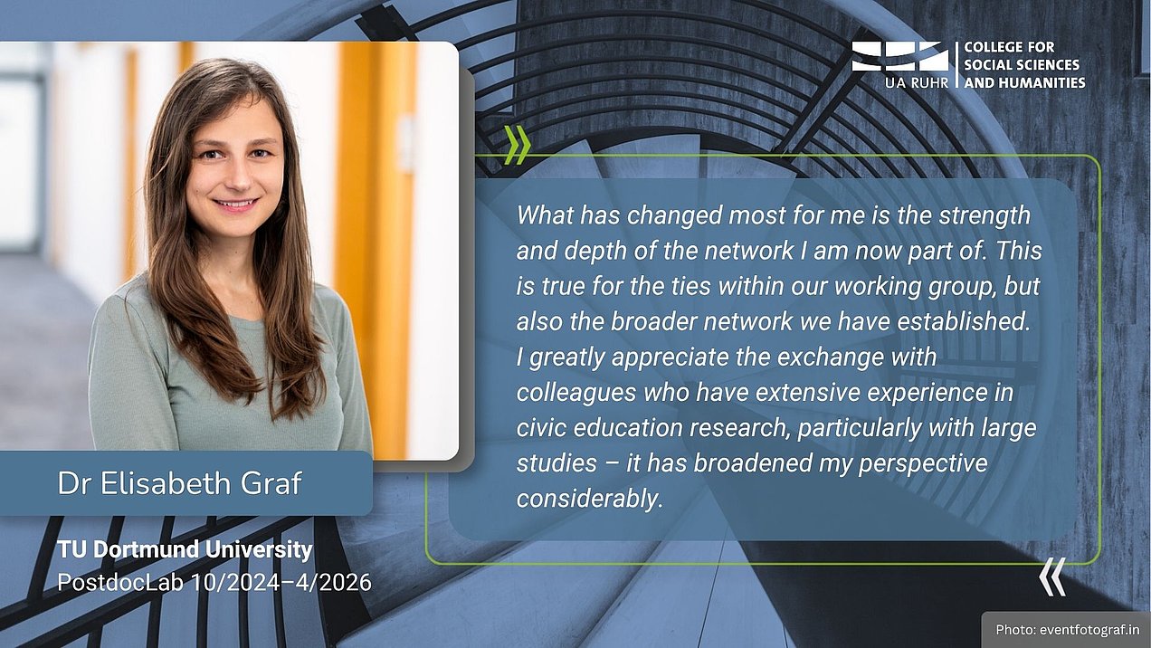 Portrait photo of Dr Elisabeth Graf with a quote from the interview: What has changed most for me is the strength and depth of the network I am now part of. This is true for the ties within our working group, but also the broader network we have established.  I greatly appreciate the exchange with colleagues who have extensive experience in civic education research, particularly with large studies – it has broadened my perspective considerably.