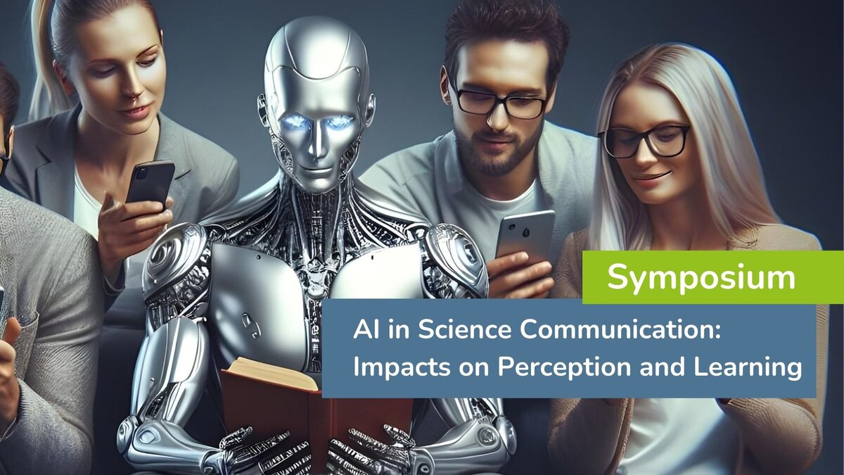 AI-generated image showing three persons looking a their mobile devices and one robot reading a book