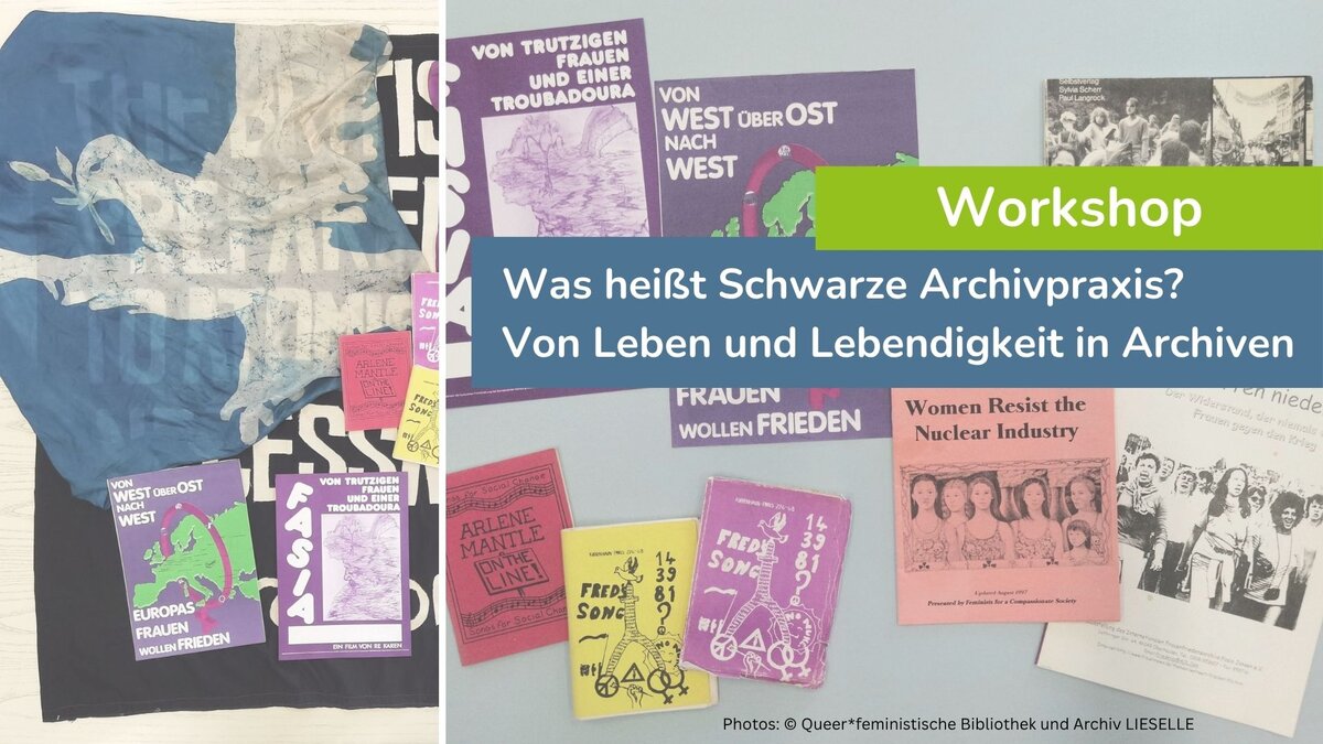 collage of two photos from the LIESELLE archive showing archived materials such as flags, leaflets, booklets