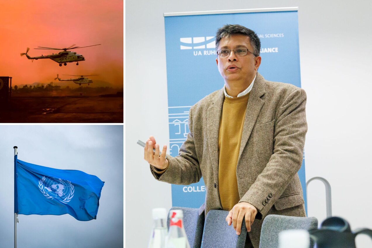 collage of photos; left: a UN helicopter and the UN flag; right: photo of Rashed Uz Zaman giving a talk