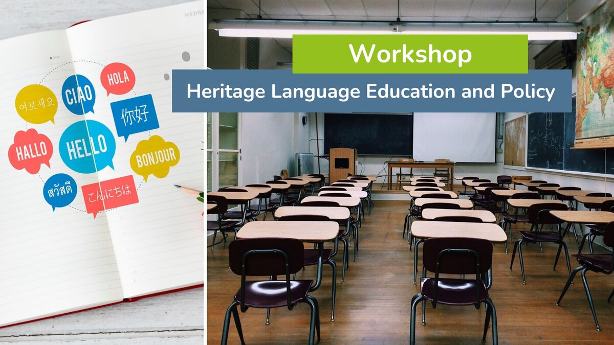 collage of two photos; left: photo of an open notebook with blurbs of "hello" in different languages; right: photo of a classroom from the back, with three rows of chairs and desks