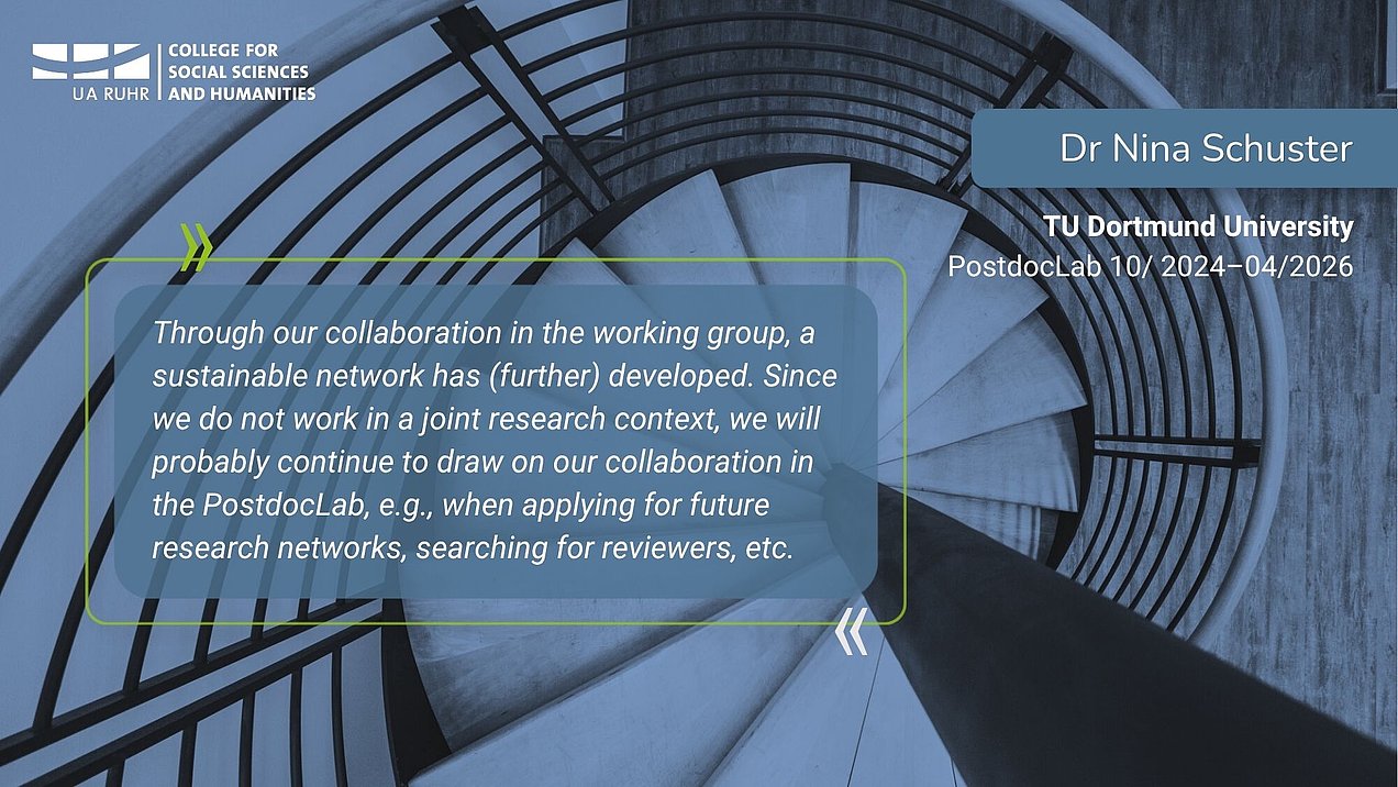 A quote from the interview by Dr Nina Schuster: Through our collaboration in the working group, a sustainable network has (further) developed. Since we do not work in a joint research context, we will probably continue to draw on our collaboration in the PostdocLab, e.g., when applying for future research networks, searching for reviewers, etc.