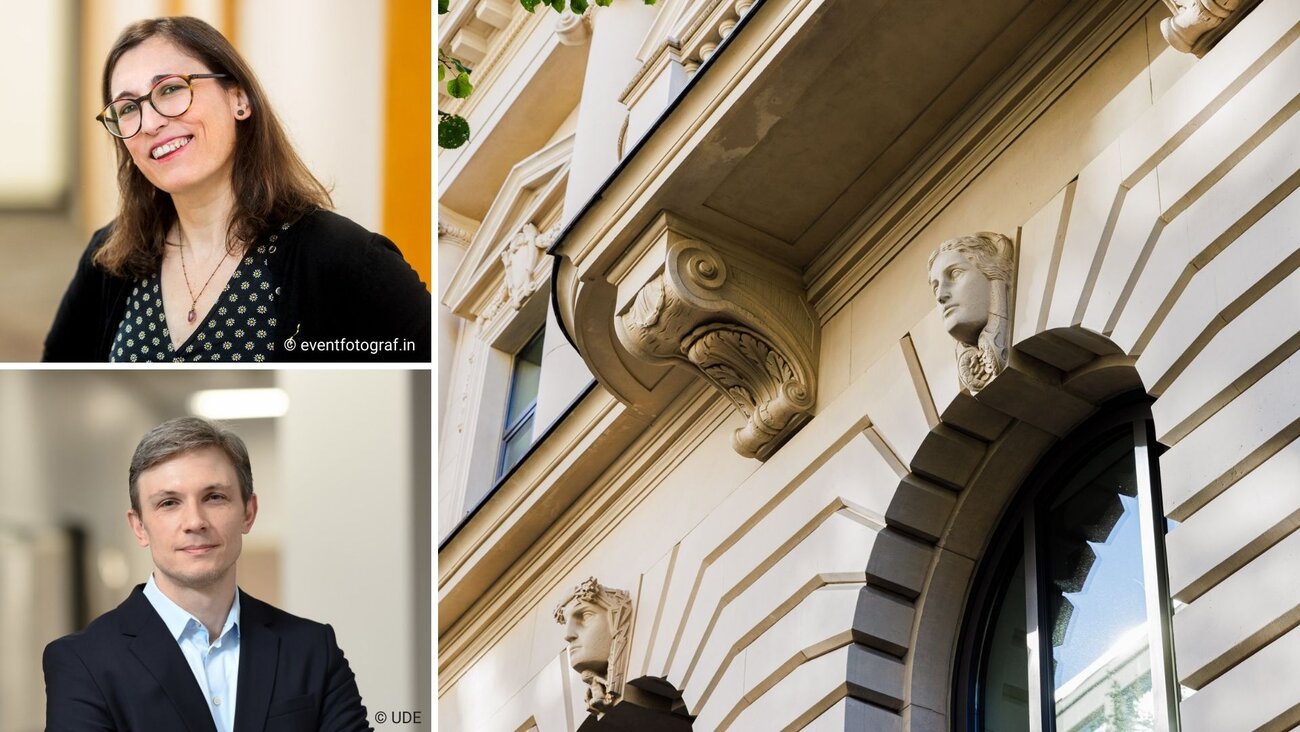 collage of portrait pictures and the neoclassical facade of the College building