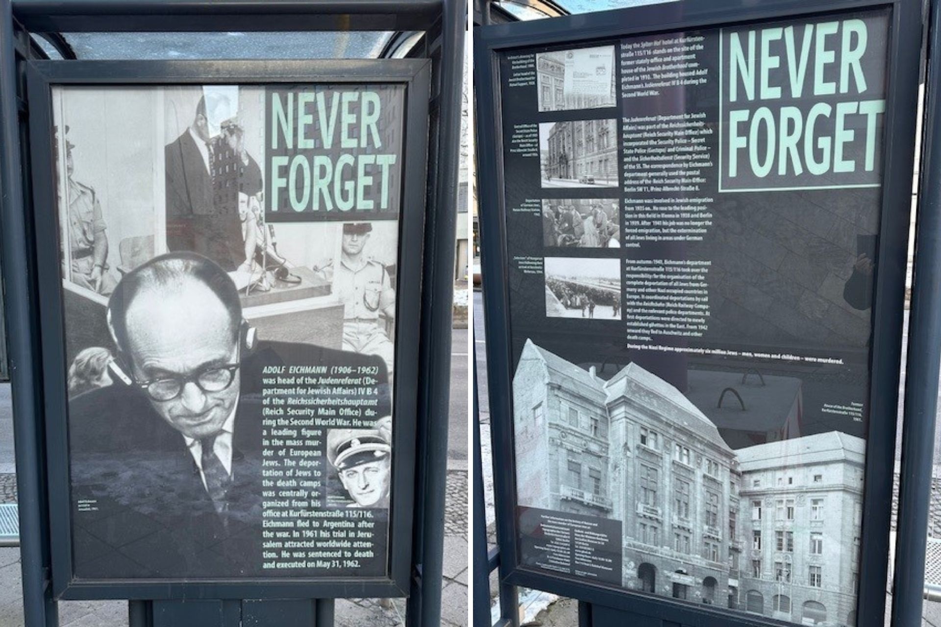 two posters at a bus stop with information on the holocaust, titled "never forget"