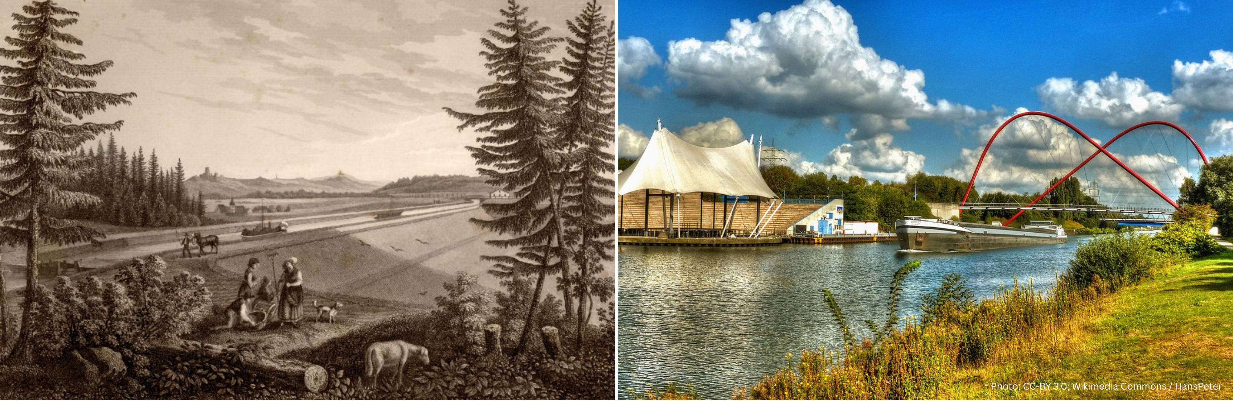 left side: etching showing Ludwig Donau Main Canal 1845; right side: photo of Rhein-Herne Canal in Gelsenkirchen