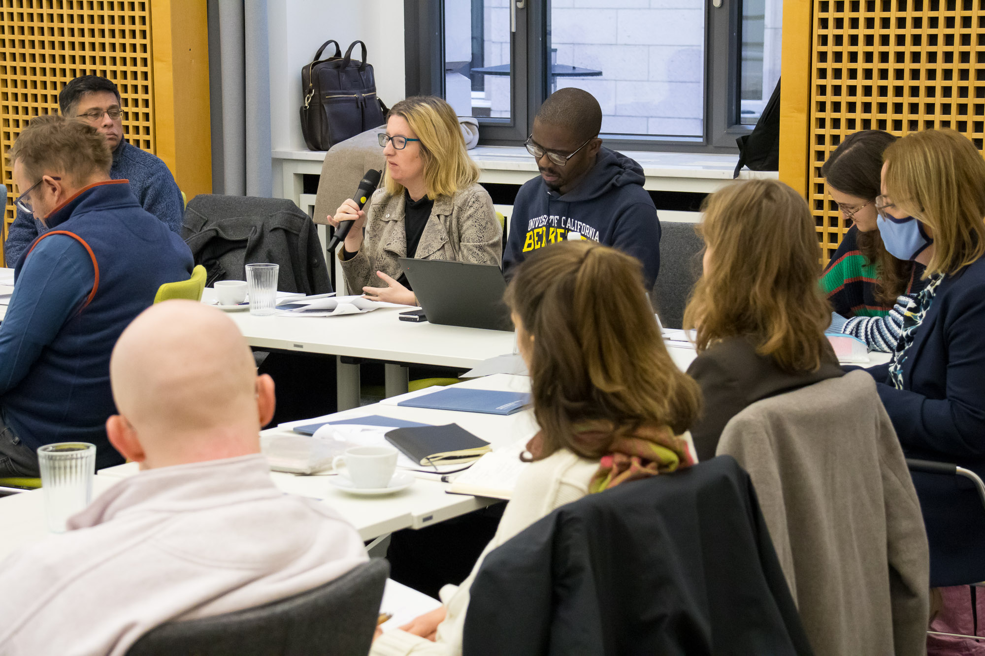 photo from the workshop, a participant speaking, further participants sitting at tables