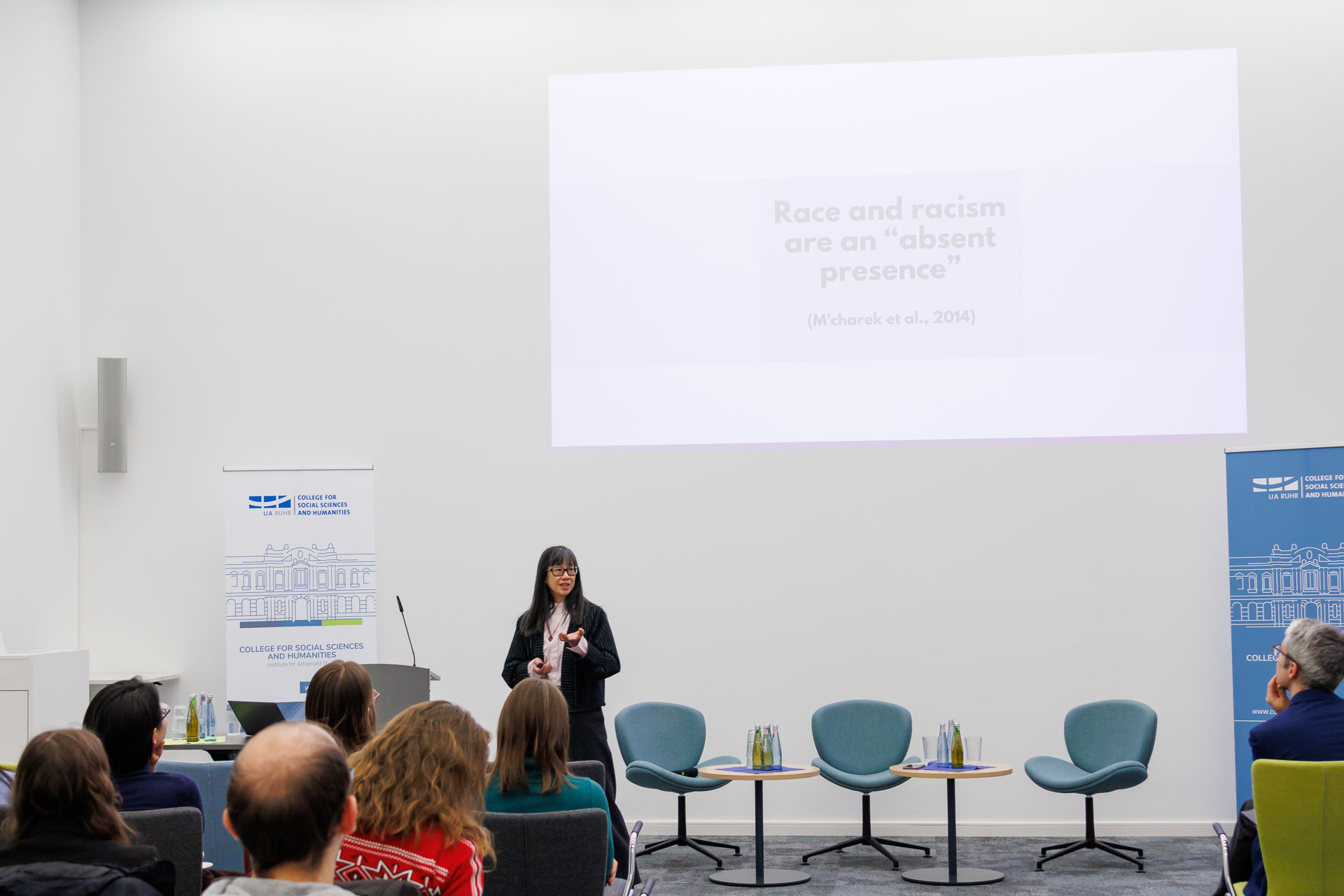 photo from the workshop 'Ethnic-Racial Socialisation', Linda Juang giving the keynote speech
