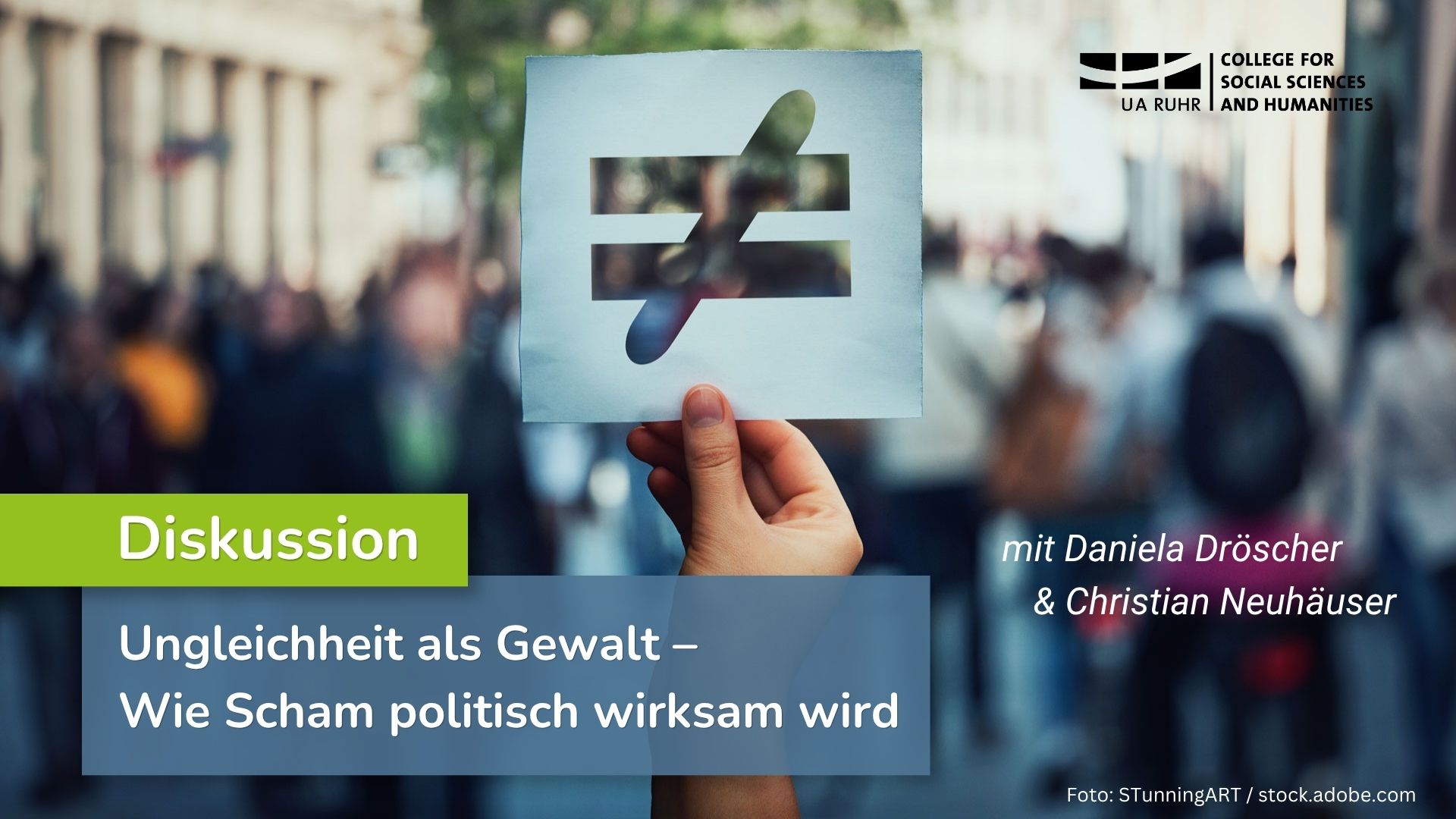 collage: hand holding up a sign showing a crossed equality symbol