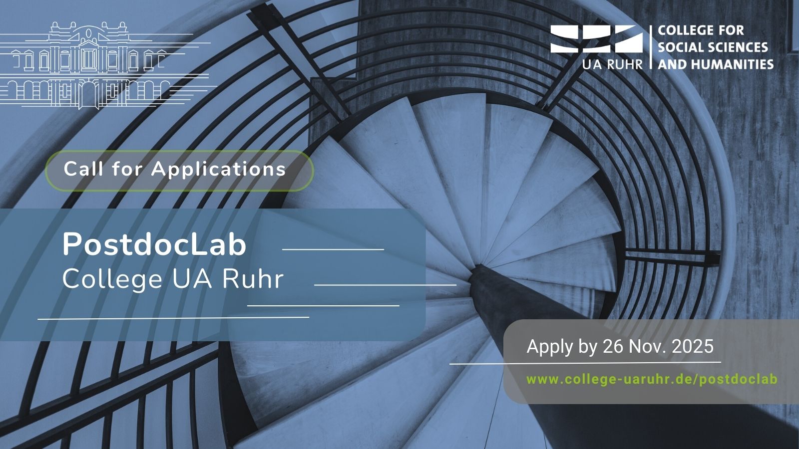 illustrative graphic for the call for applications; in the background a photo of a spiral staircase as seen from top view
